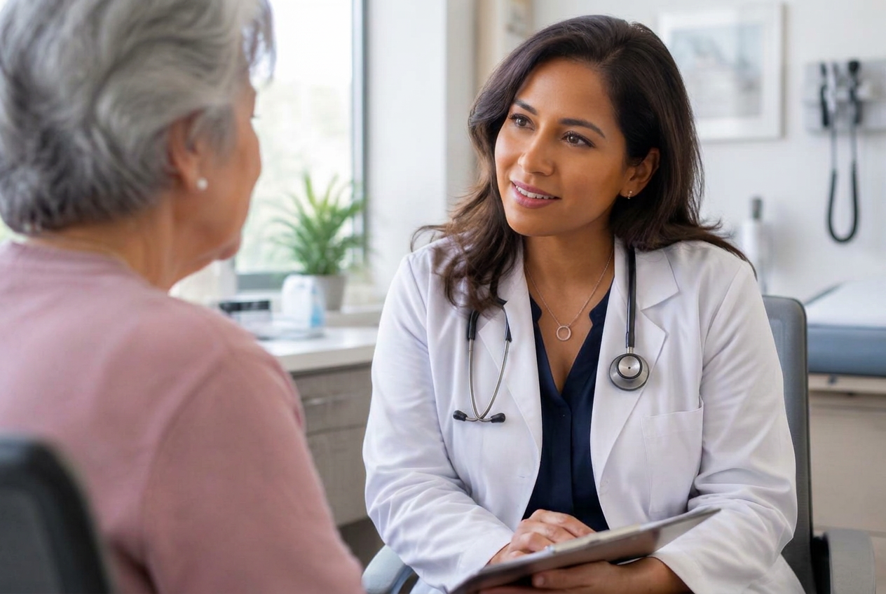 A young Hispanic female research physician speaking with a clinical trial participant
