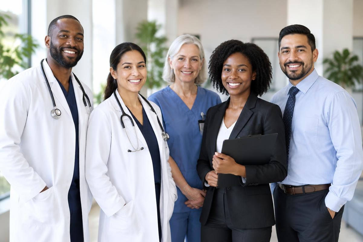 A diverse clinical research team standing together in a bright clinic